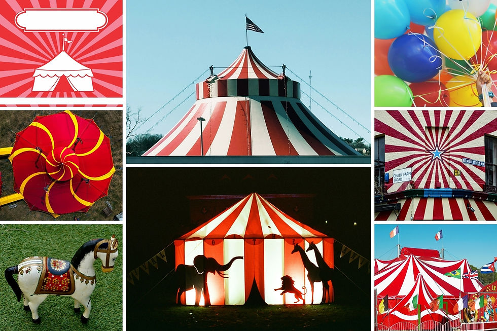 Collage of red-and-white circus tents, balloons, horse and circus silhouettes, with flags and street signs on a bright festive backdrop