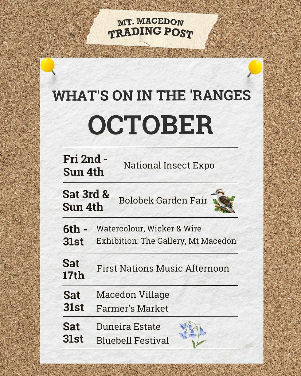 What's On in the 'Ranges, October 2026: events graphic from the Mount Macedon Trading Post