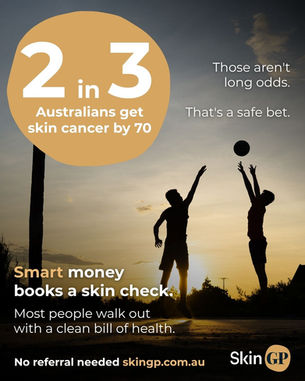 Silhouettes of two people playing with a ball at sunset, representing the "2 in 3 Australians" skin cancer statistic used by SkinGP Woodend to encourage regular skin checks.
