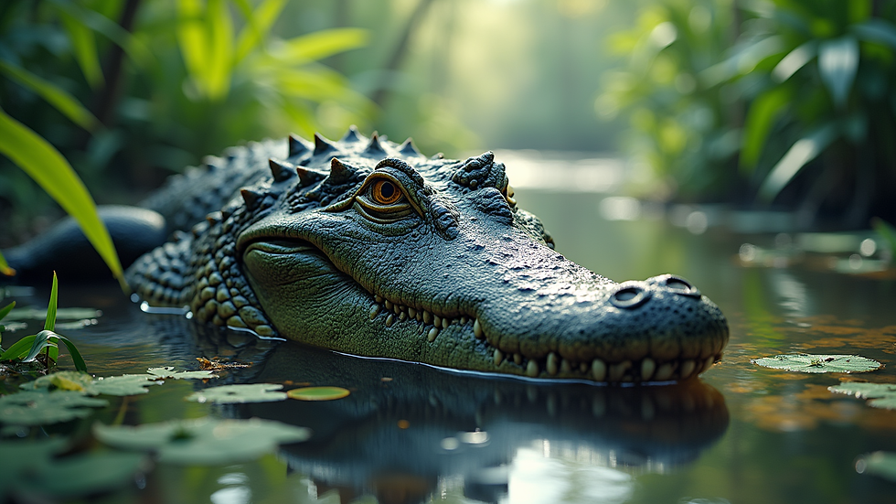 Close-up view of a vibrant illustration of an alligator in a jungle