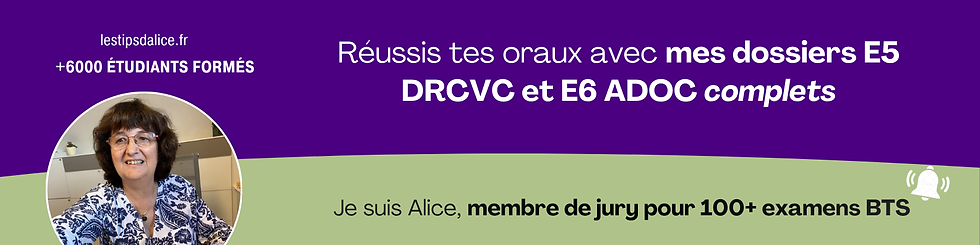 Réussis tes oraux avec les dossiers E5 DRCVC et E6 ADOC complets d'Alice, membre du jury