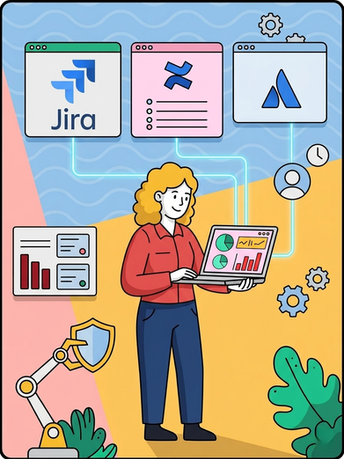 Femme gérant les applications Atlassian, dont Jira, sur un ordinateur portable