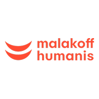 Logo Malakoff Humanis, deux lunes oranges, sur fond noir, police rouge.