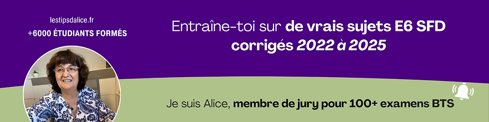 Entraîne-toi sur de vrais sujets E6 SFD corrigés 2022 à 2025, par Alice, membre du jury