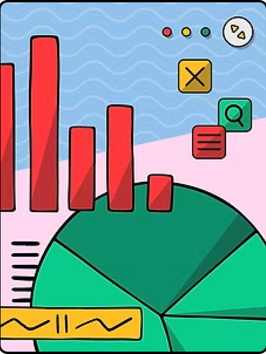 Graphiques à barres et circulaires avec icônes d'analyse.