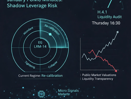 Infographic titled “EG Macro Analysis: January FOMC Minutes – Shadow Leverage Risk” showing the EG LRM-14 liquidity matrix positioned in the Re-calibration quadrant, a chart contrasting public market valuations with declining liquidity transparency, and a reminder of the H.4.1 liquidity audit at 16:30 Thursday.