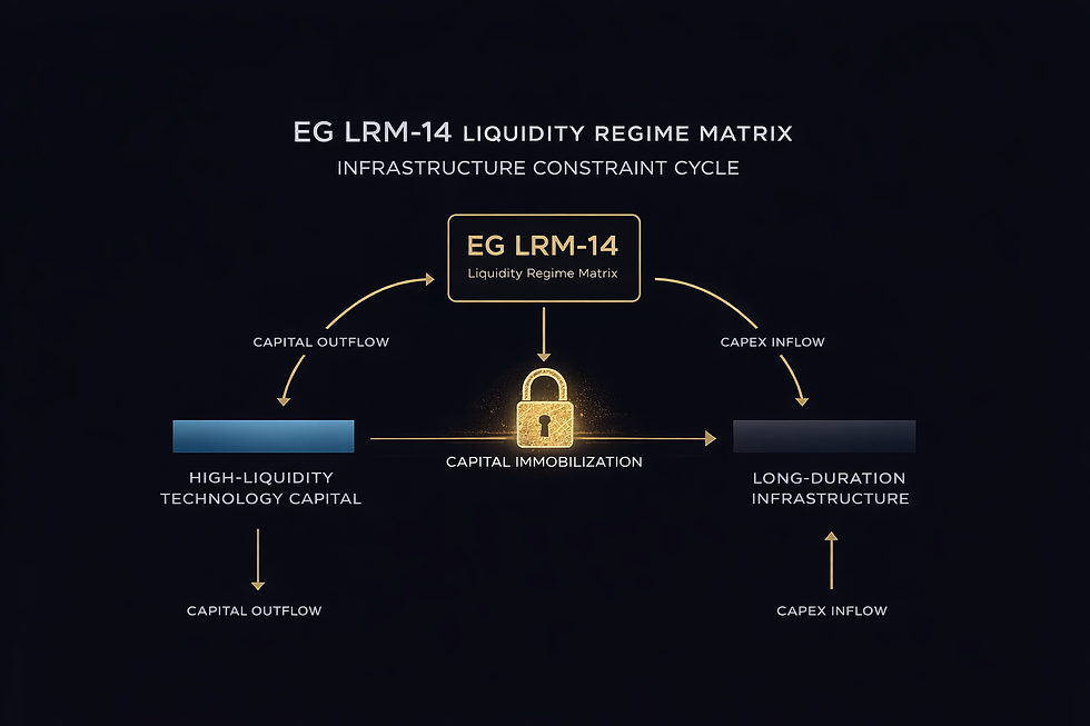 EG LRM-14 Systemic Map: Illustrating the AI Power Doctrine through the lens of Capital Immobilization. The diagram visualizes the flow of high-velocity tech capital being locked into long-duration energy infrastructure, signaling a structural transition from compute margins to resource margins within the infrastructure constraint cycle