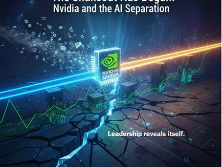 Conceptual illustration of the AI market entering a separation phase, with Nvidia positioned at the center of the infrastructure layer as capital shifts from narrative-driven trades to cash-flow repricing.