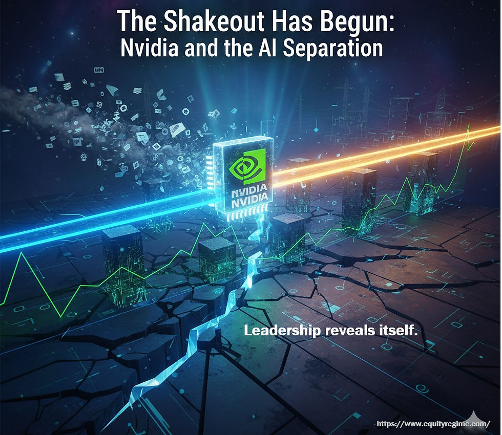 Conceptual illustration of the AI market entering a separation phase, with Nvidia positioned at the center of the infrastructure layer as capital shifts from narrative-driven trades to cash-flow repricing.