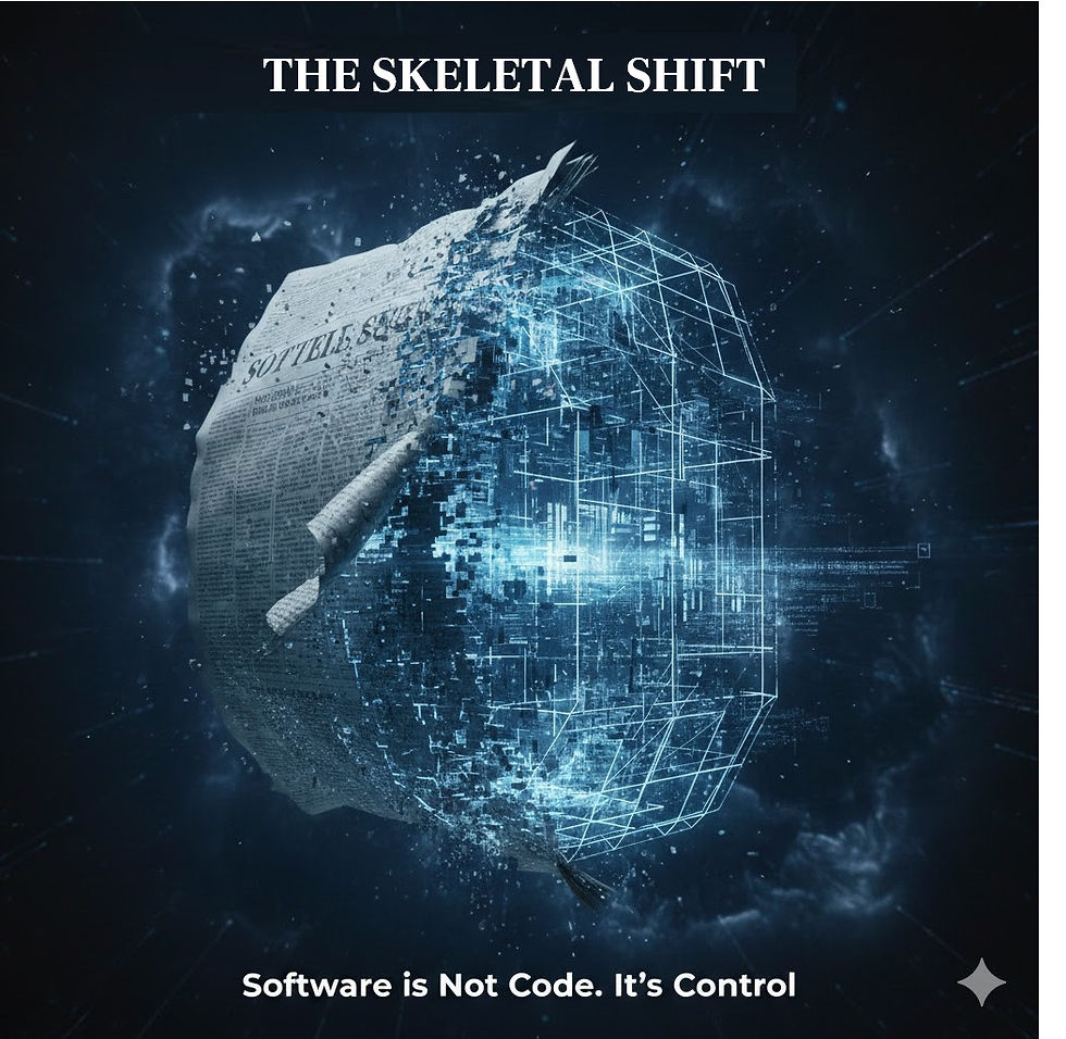 A newspaper transforming into a digital wireframe structure, symbolizing the skeletal shift from physical media to software-driven control systems.