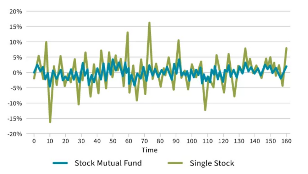 Price changes of a single stock and of a stock mutual fund