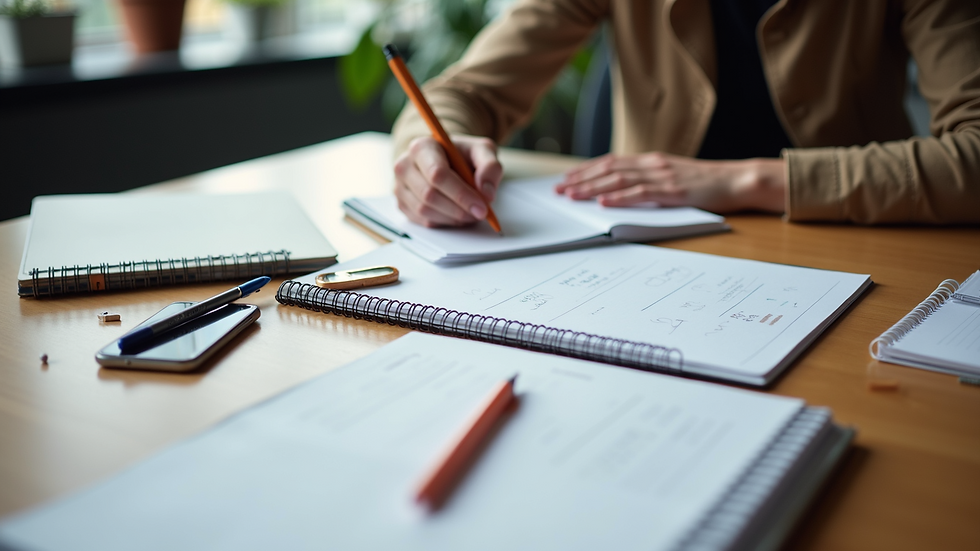 High angle view of educational materials and notes on a desk