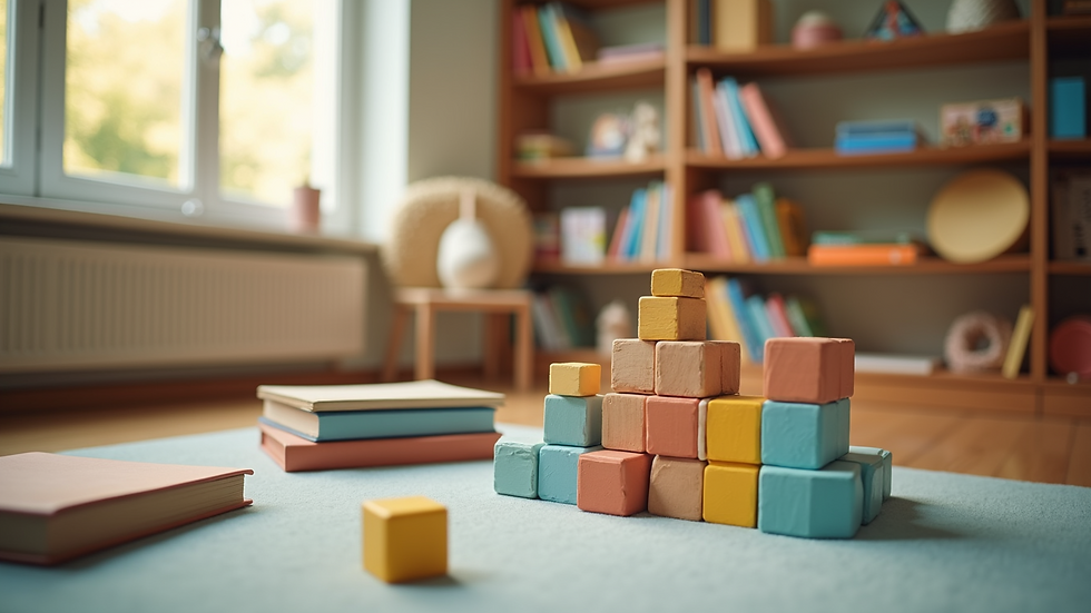High angle view of a child’s play area with educational books and blocks