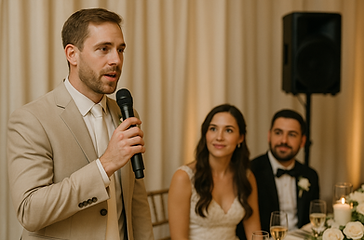 groomsman speaking at wedding.