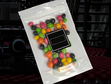 Transparent resealable candy bag with bright assorted sweets.