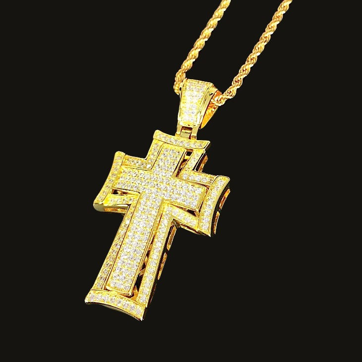 Thumbnail: MICRO PAVE CZ CROSS PENDANT & NECKLACE SET GOLD
