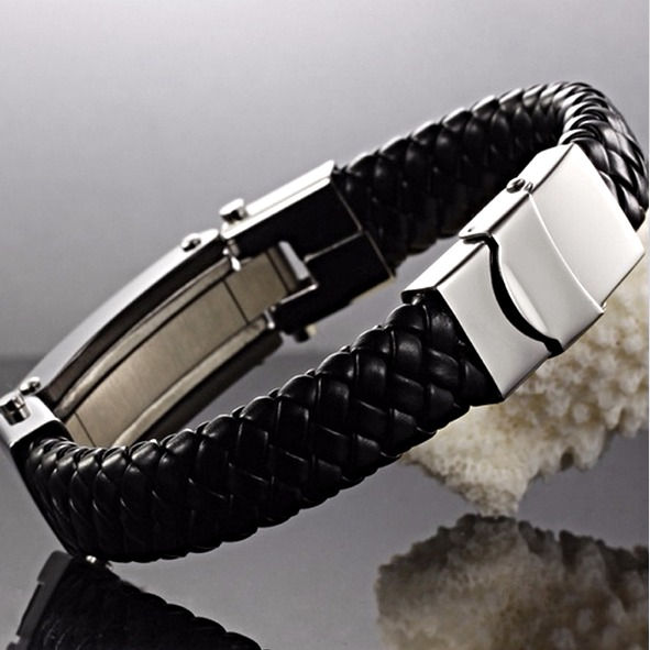 Thumbnail: LEATHER WITH BLACK CROSS HIGH POLISHED BRACELET