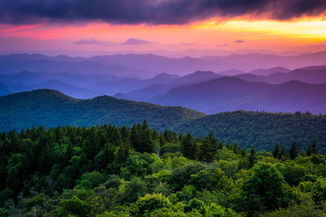 Misty mountain ridge in the Nantahala National Forest near Franklin, North Carolina at dusk