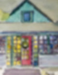 Watercolor painting of small house with a red door and a wreath hanging on the door