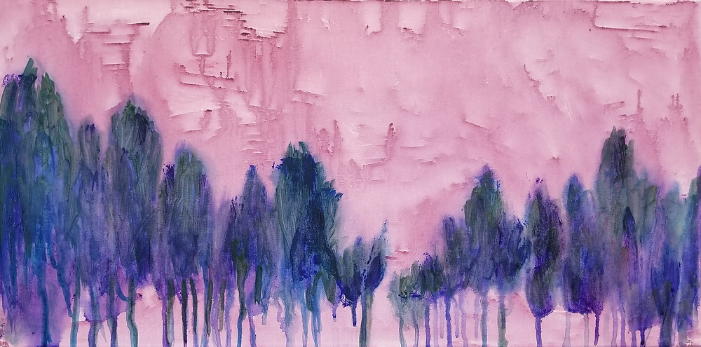 Loose watercolor painting of a group of trees under a pink sky