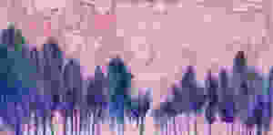 Loose watercolor painting of a group of trees under a pink sky
