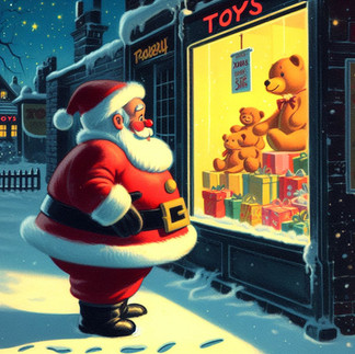 Santa Claus at toy story window at night with teddy bears