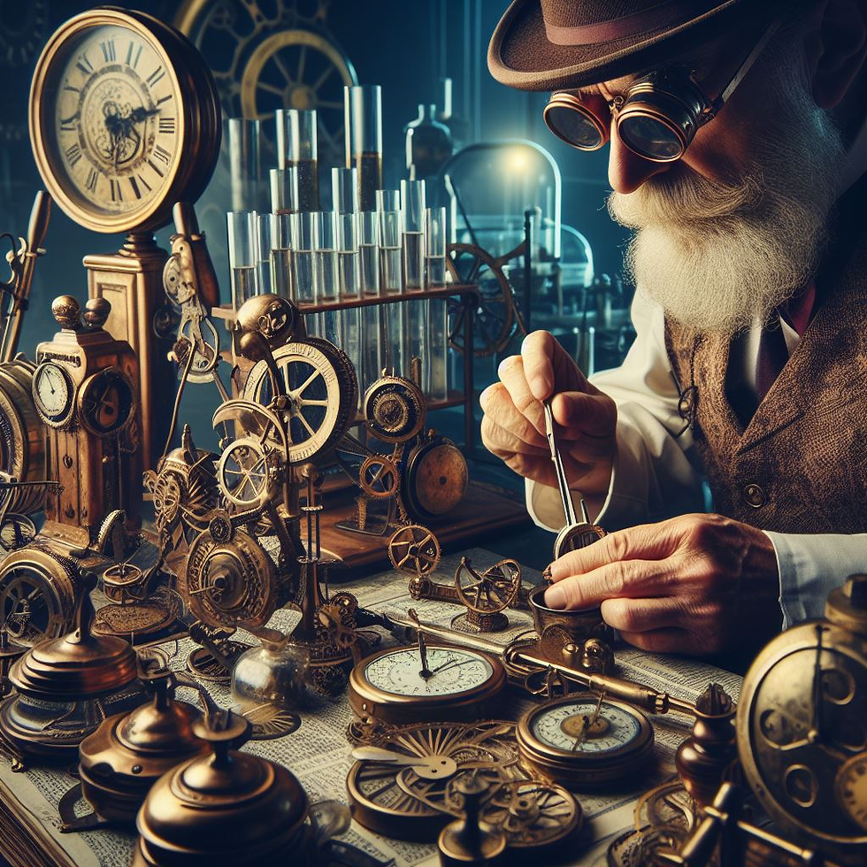 A steampunk scientist examines clocks on Leap Year day