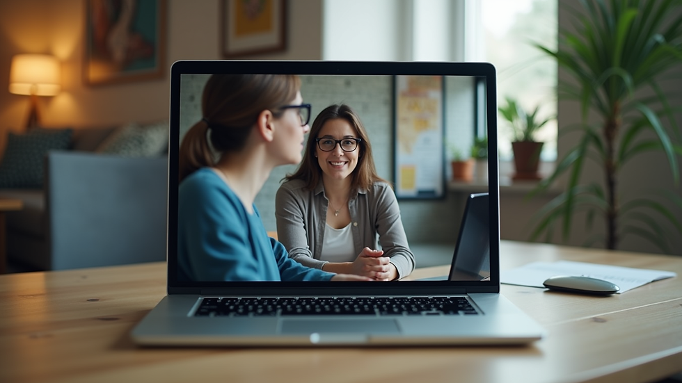 Eye-level view of a laptop screen showing a video call with a notary