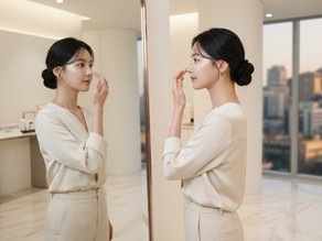 Woman with flawless profile examining her nose in a modern Korean clinic mirror, soft studio lighting, Seoul 2026