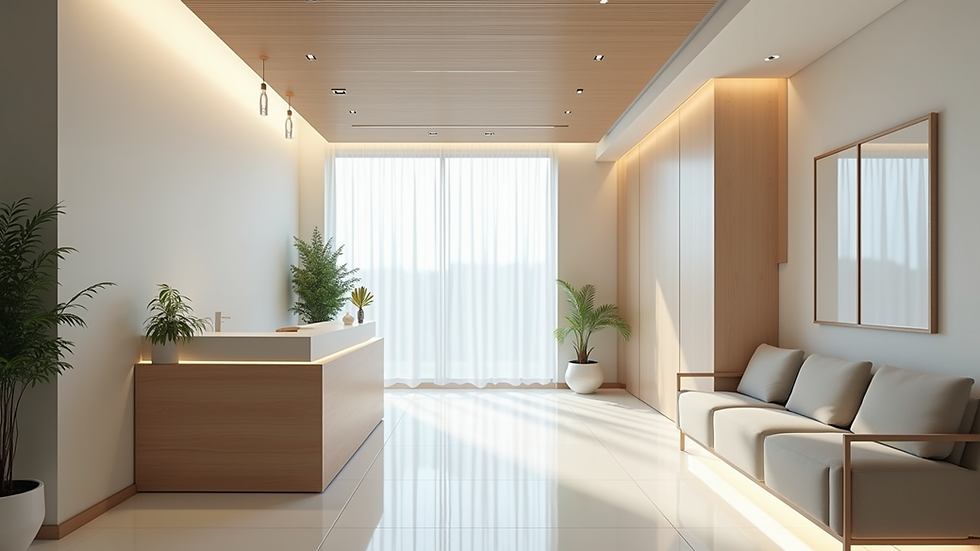 Eye-level view of a modern dermatology clinic reception area in Seoul