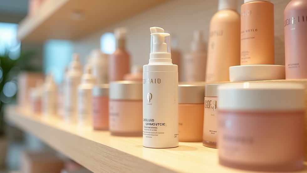 Eye-level view of a skincare product display in a Korean beauty store