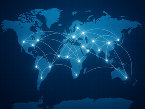 A blue world map with illuminated dots representing major cities, connected by curved white lines to illustrate a global communication and network system