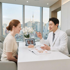 British patient consulting with a Korean aesthetic surgeon about facial fat grafting in a modern Seoul clinic