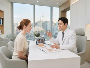 British patient consulting with a Korean aesthetic surgeon about facial fat grafting in a modern Seoul clinic