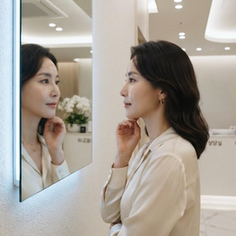 A woman with natural makeup looking at her profile in a sleek modern mirror inside a Korean cosmetic surgery clinic, soft clinical lighting, Seoul 2026