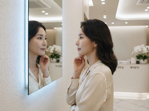 A woman with natural makeup looking at her profile in a sleek modern mirror inside a Korean cosmetic surgery clinic, soft clinical lighting, Seoul 2026