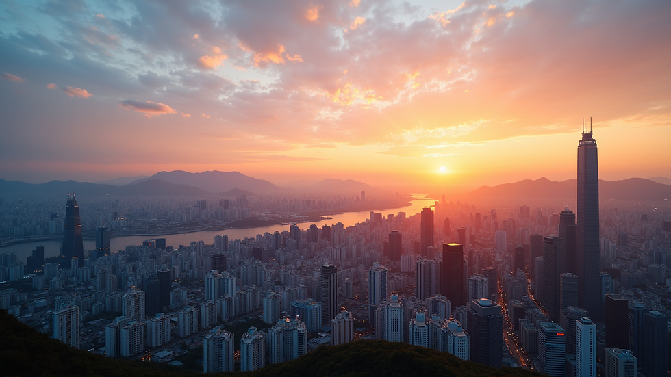 High angle view of a Korean city skyline at sunset