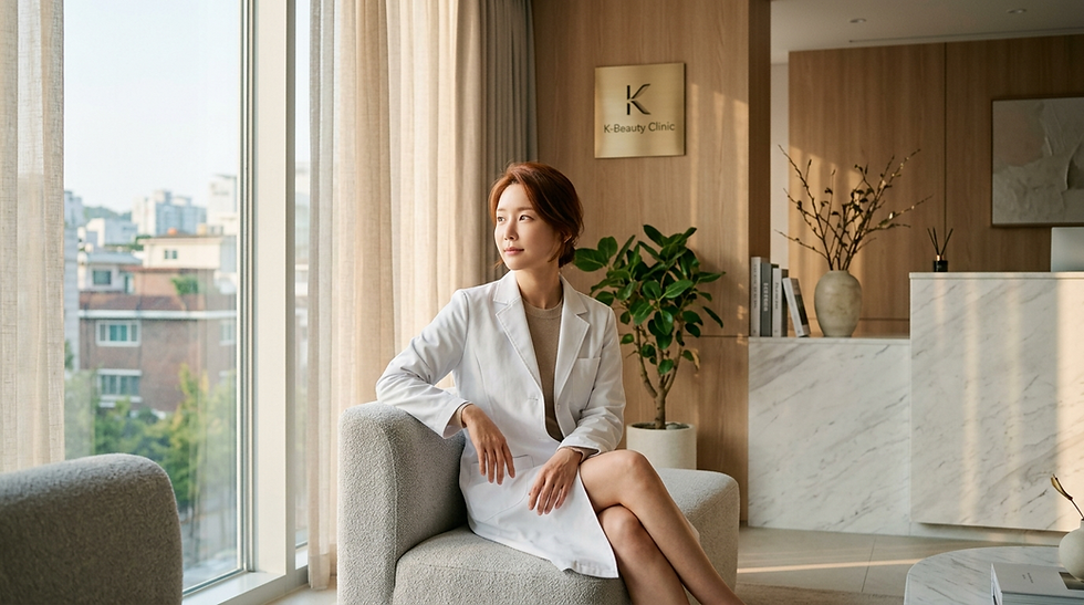 Woman in a modern Seoul plastic surgery clinic consultation room, soft natural light, looking confident and relaxed before breast augmentation procedure