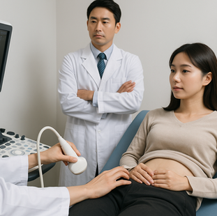 Korean health checkup for international patients – female patient undergoing abdominal ultrasound scan with doctors in modern medical clinic