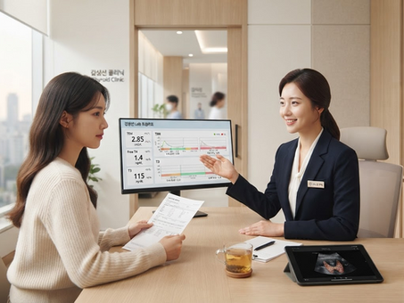 A patient reviewing thyroid lab results with an English-speaking medical coordinator in a modern Seoul clinic in 2026