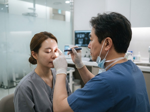 Close-up side profile of a woman with natural-looking double eyelid crease in a modern Korean clinic setting