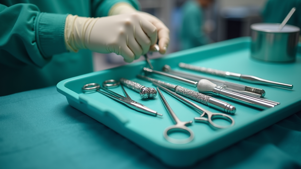 Close-up view of a surgical instrument tray prepared for plastic surgery