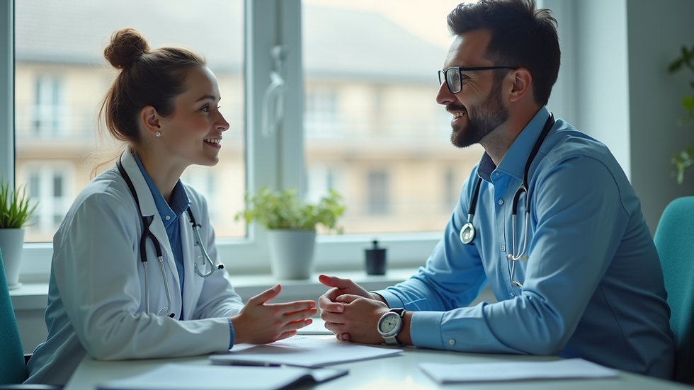 Close-up view of a medical consultation with a doctor and patient discussing treatment options