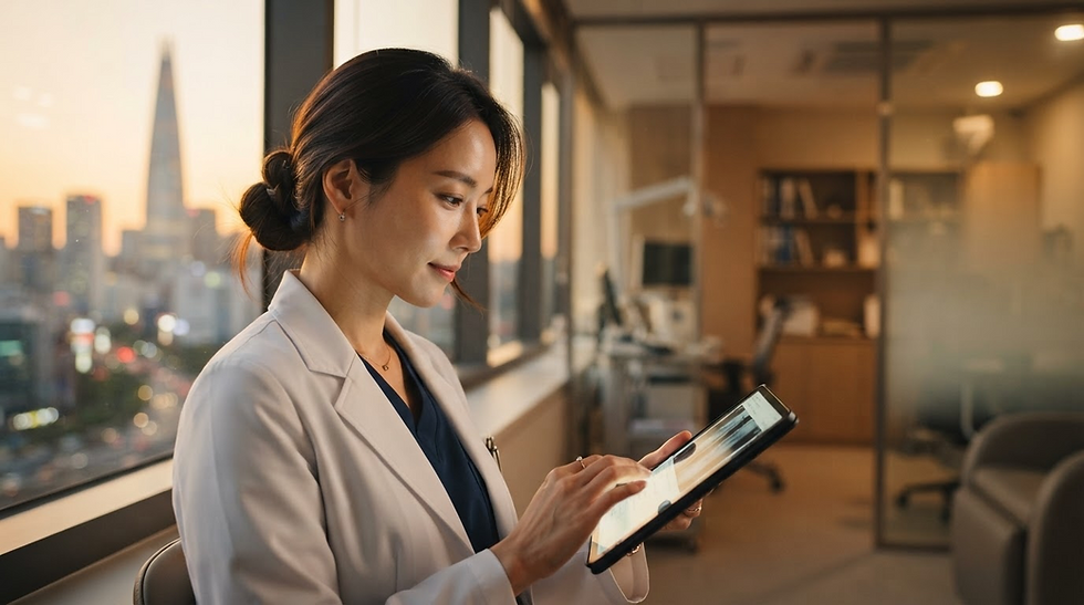 Woman in a modern Seoul clinic consultation room, viewed from behind, looking out floor-to-ceiling windows over the Gangnam skyline at golden hour