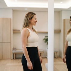 American woman reviewing her body contouring results in a modern Seoul clinic mirror, soft clinical lighting, confident expression