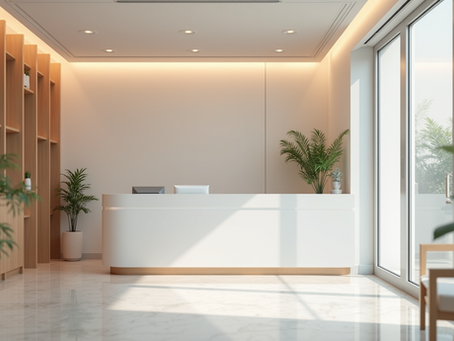 Modern reception area of a dermatology clinic in Seoul, South Korea, with a clean, bright interior and staff ready to welcome international patients