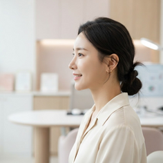 A woman's profile showing softened, naturally contoured cheekbones after zygoma reduction in a modern Korean clinic