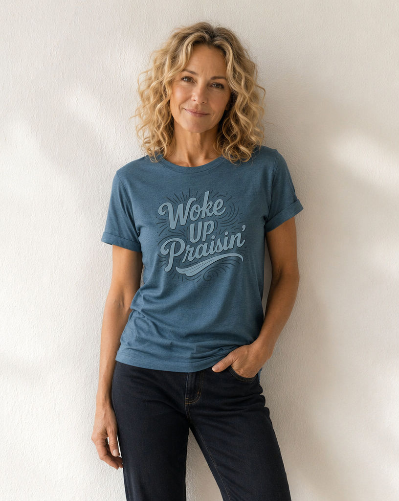 Faith-based shirt featuring Woke Up Praisin message in script typography