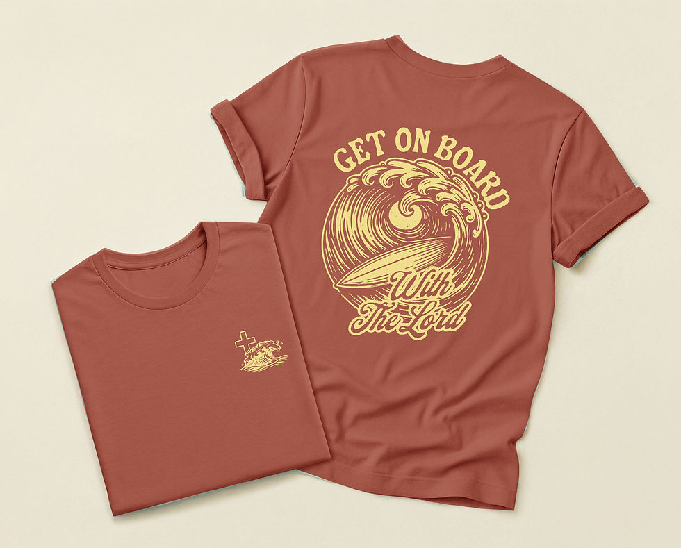 Faith-based graphic t-shirt with vintage surf style and Christian message