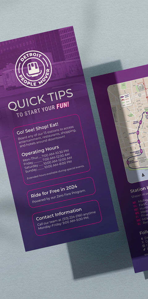 Front and back of Quick Tips card for the Detroit People Mover
